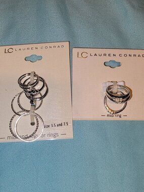 New Lauren Conrad LC Silver Tone Midi Rings Regular 3.5 And 7.5 Heart Cross Cz